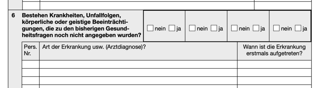 Auszug Antrag Debeka Krankenversicherung Gesundheitsfrage