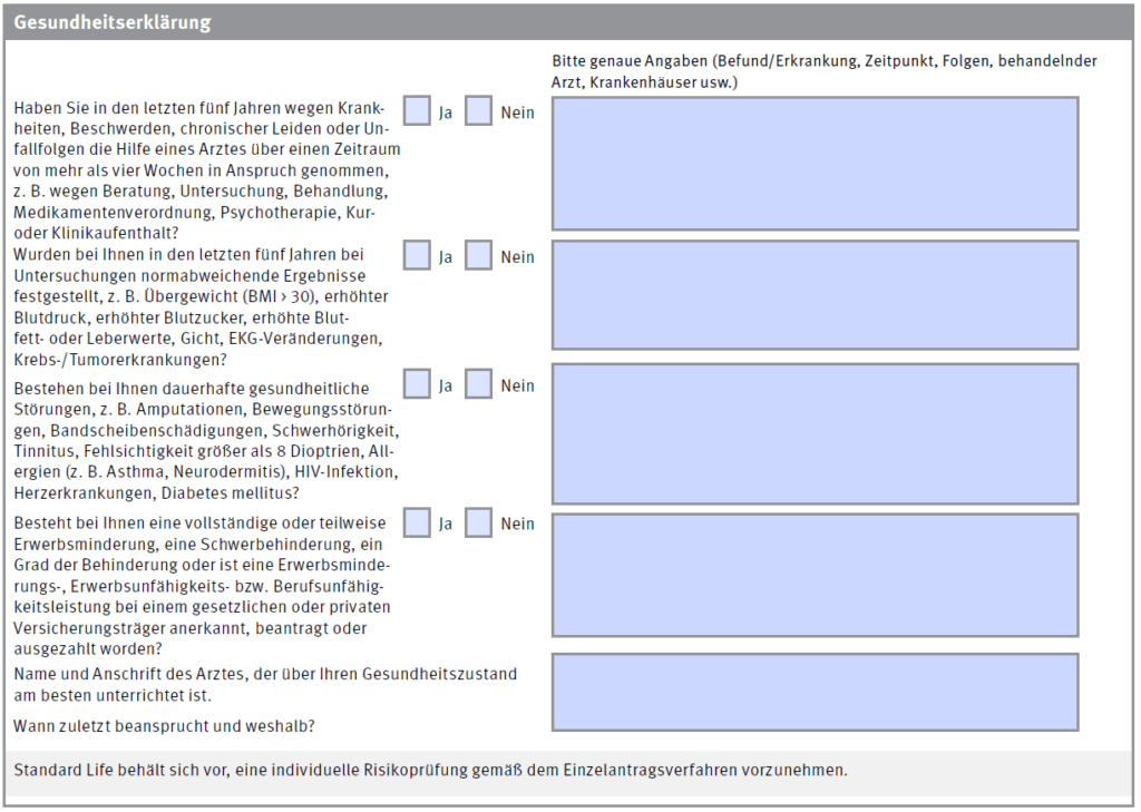 Gesundheitsfragen Standard Life BU Aktion 2014, (c) Standard Life + Helberg Vers.Makler