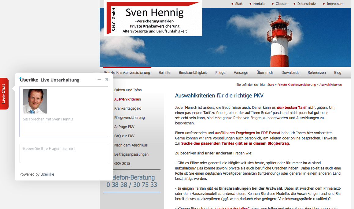 Auswahl PKV Homepage Livechat