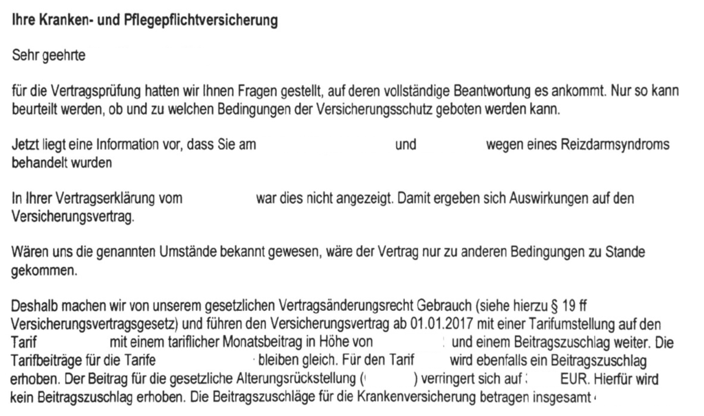 PKV Arztanfrage Änderungsangebot nach Prüfung 