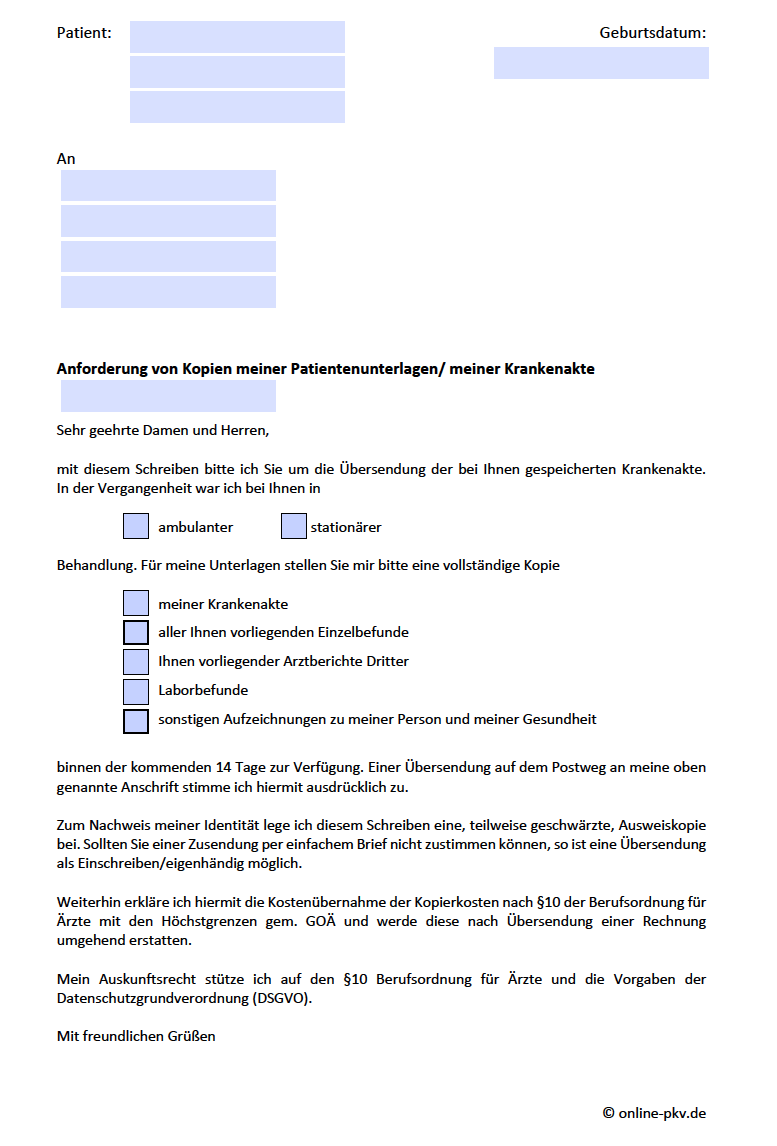 Musterschreiben Krankenakte Anforderung 