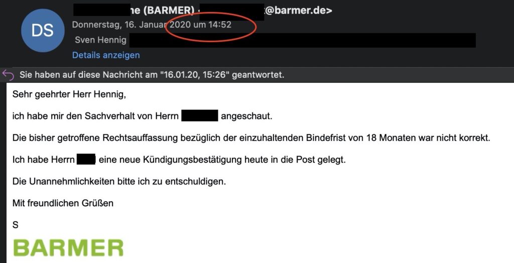 Barmer Antwort Bindungsfrist PKV