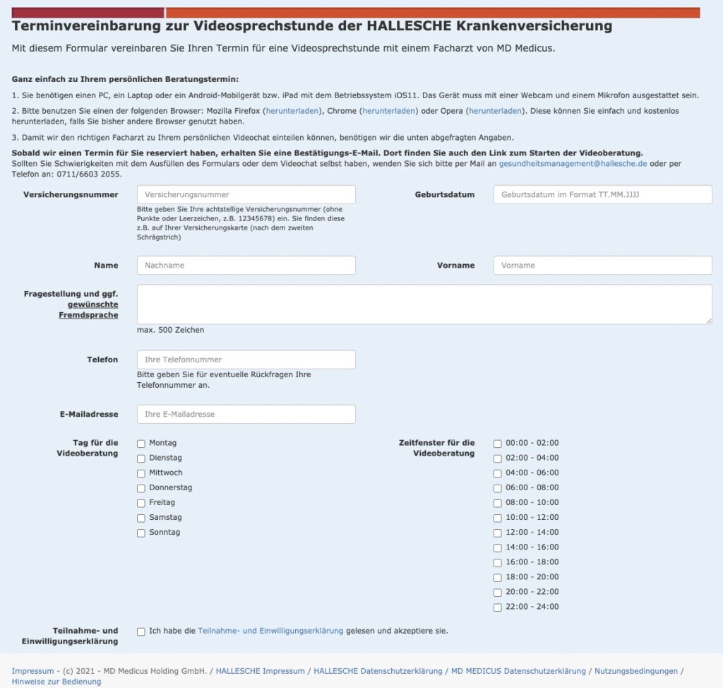 Hallesche Videosprechstunde PKV Versicherte Terminvereinbarung