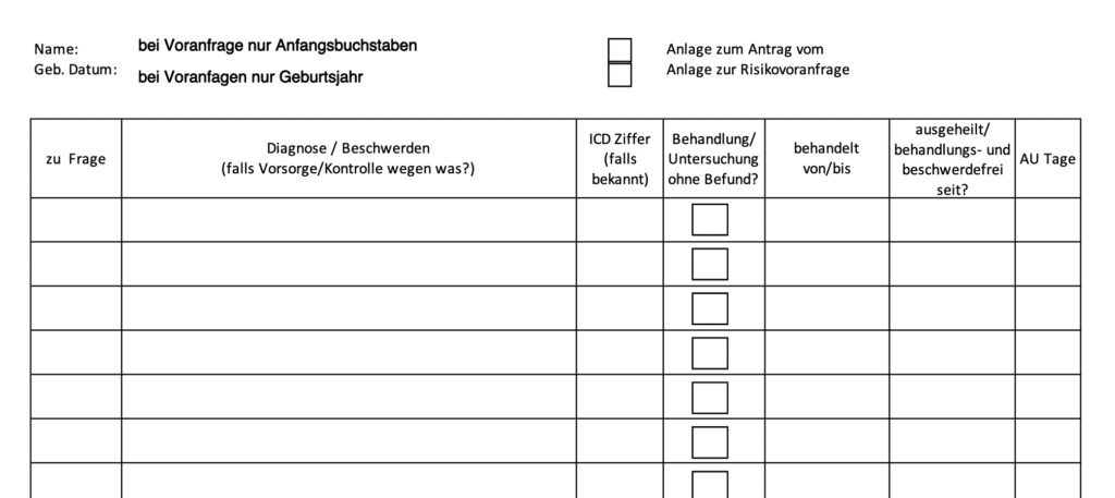 Anonyme Risikovoranfrage oder Ausschreibung Anlage mit Gesundheitsfragen