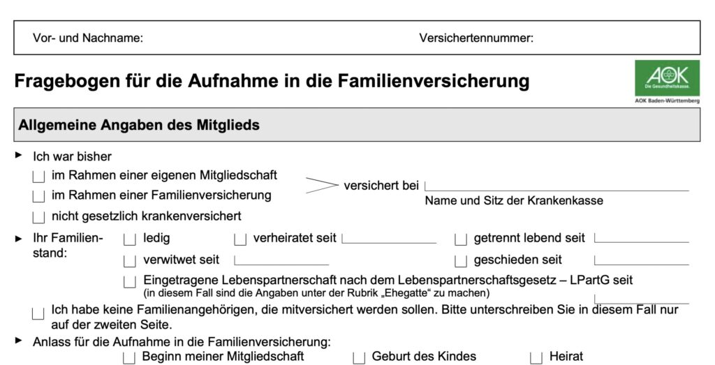 Familienversicherung der Kinder - Nachforderungen der GKV Familienversicherung Kinder Fragebogen AOK