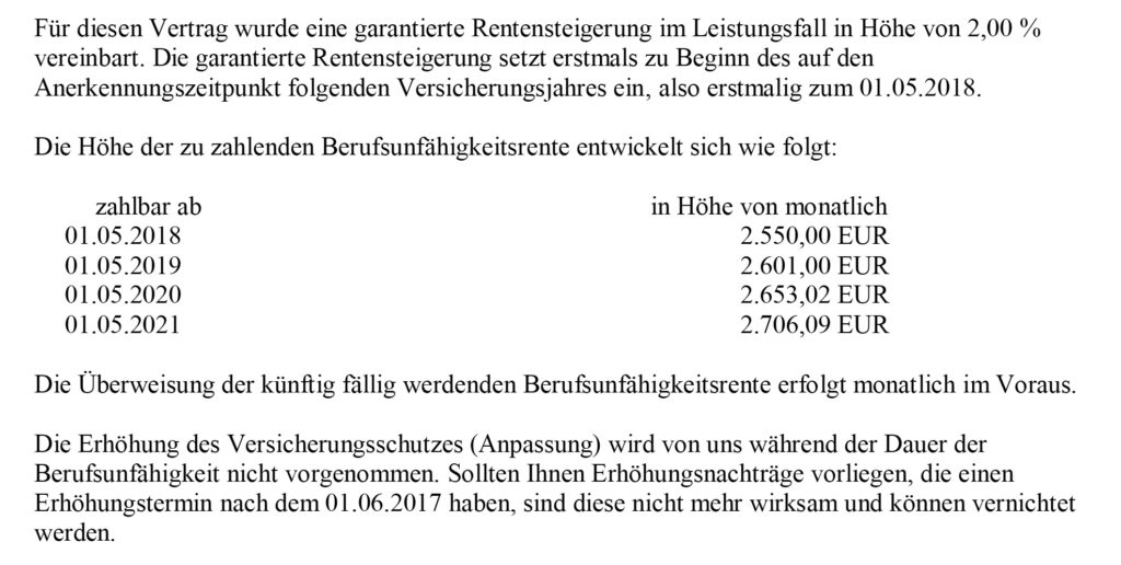 Verlauf der garantierten Rentensteigerung in der Berufsunfähigkeitsversicherung. Leistungsdynamik/  Rentensteigerung