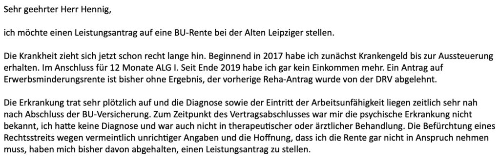 Berufsunfähigkeitsleistung Mail Kunde Leistungsantrag