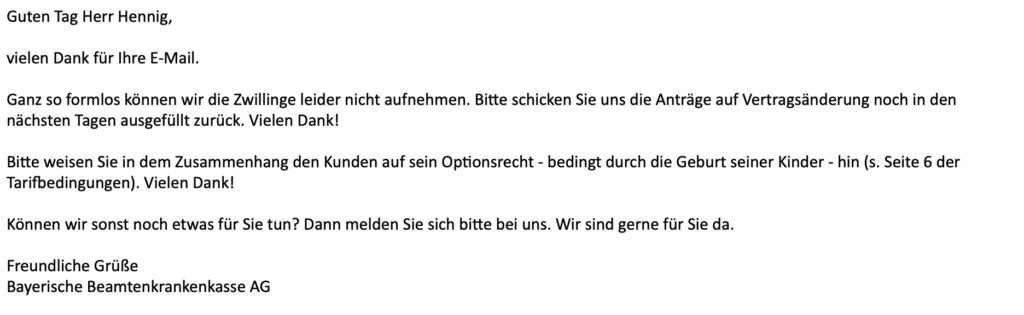 Versicherungskammer Bayern (BBKK) - Schikane und Hinhaltetaktik - Antwort auf Mail zur Nachversicherung 