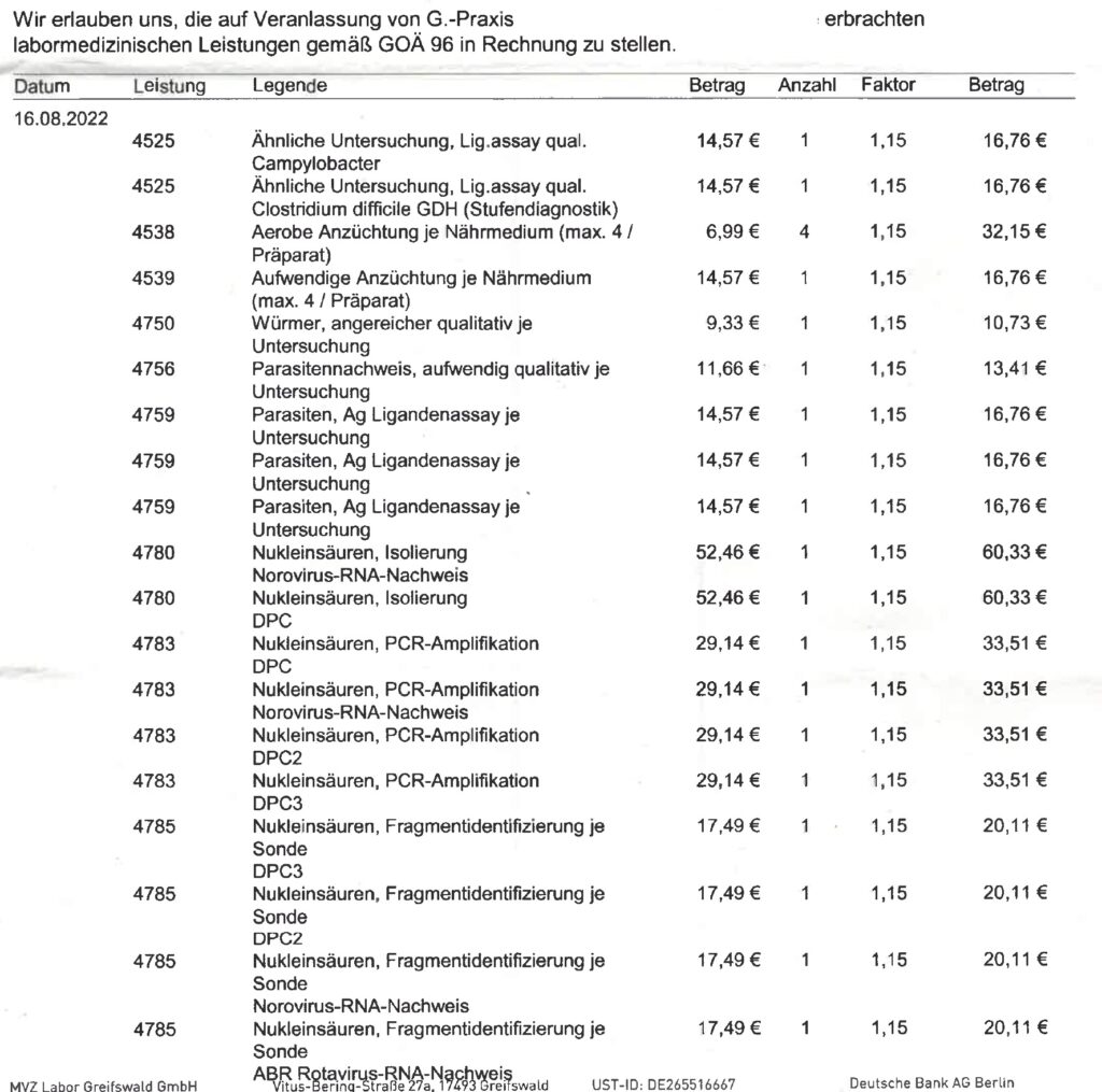 Laborkosten - Bestimmung Parasiten und Viren bei Magen-Darm-Beschwerden