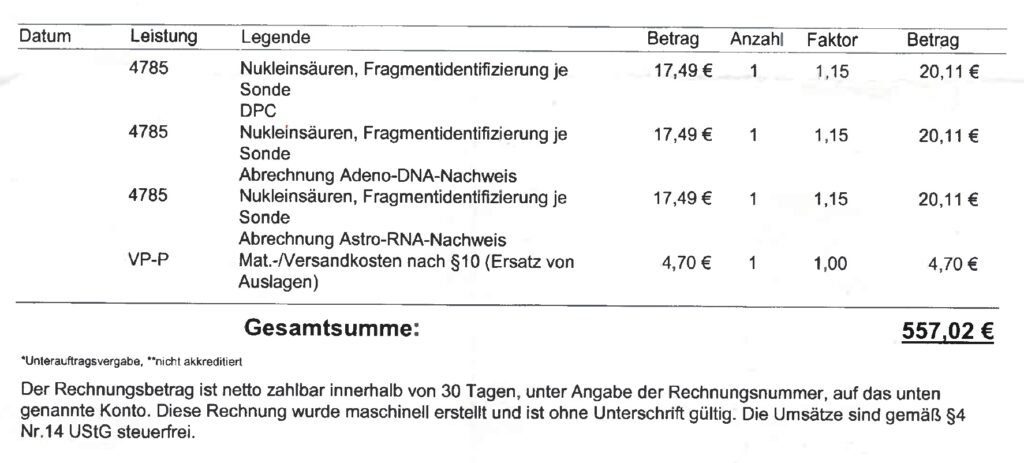 Laborkosten - Bestimmung Parasiten und Viren bei Magen-Darm-Beschwerden