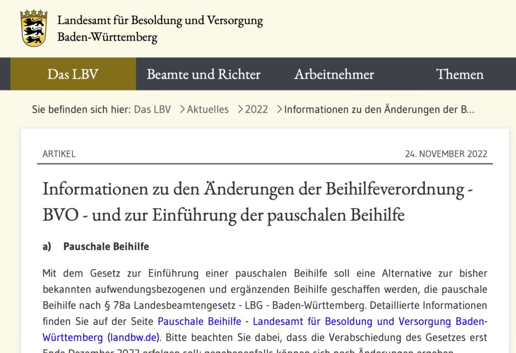 Änderung Beihilfesätze in Baden-Württemberg zum 01.01.2023 Beihilfesätze Baden Württemberg Änderung 2023