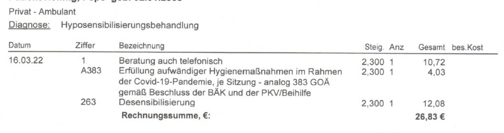 Desensibilisierung, Kosten für die ärztliche Verordnung und wöchentliche Gabe