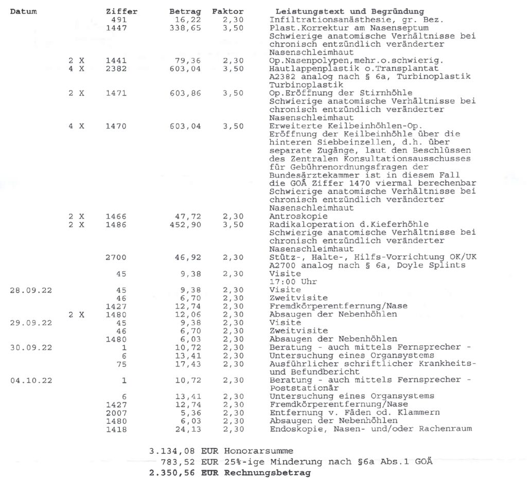Operation der Nasenscheidewand Rechnung Privatarzt als Wahlleistung