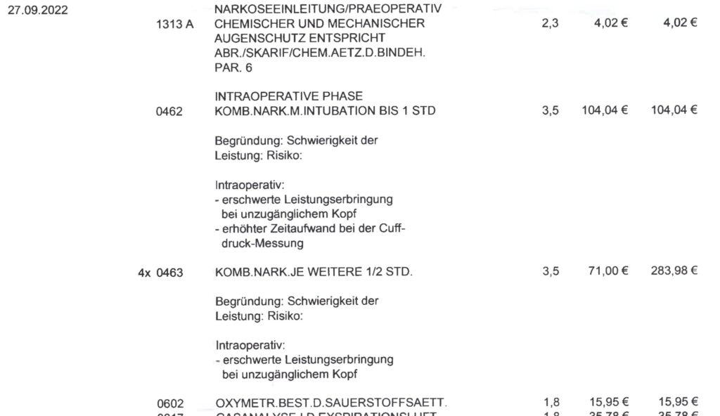 Operation der Nasenscheidewand, Rechnungsauszug