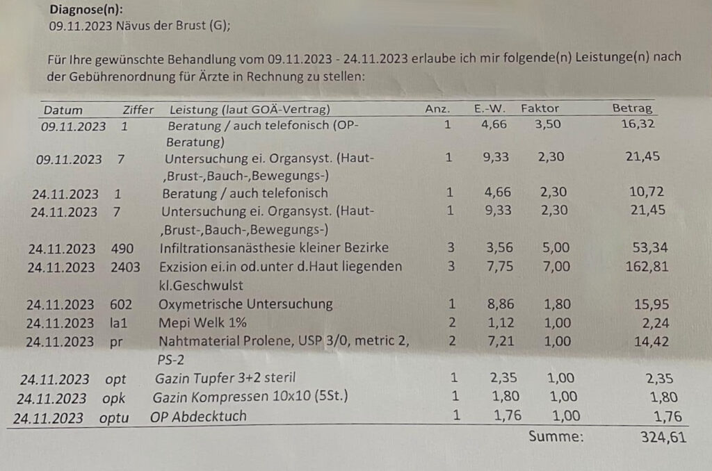 Arztrechnung prüfen als Privatpatient, Rechnung Beispiel Arzthonorare