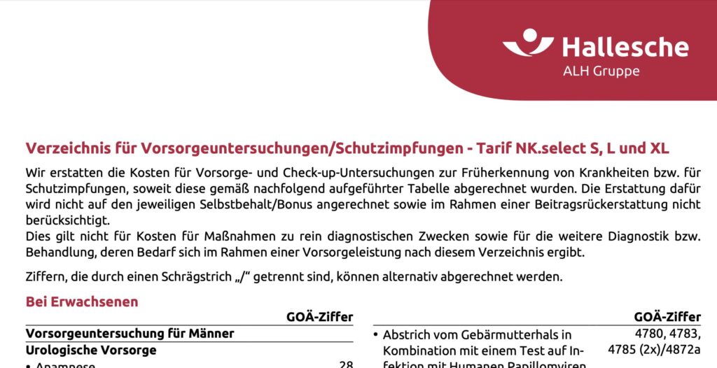 Vorsorgeuntersuchung Hallesche, Vorsorgeliste zur Erstattung ohne Anrechnung auf Selbstbeteiligung, Bonus und Beitragsrückerstattung