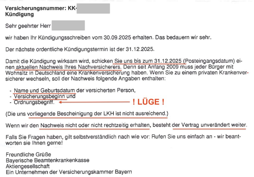 Versicherungskammer Bayern Erfahrungen Bayrische Beamtenkrankenkasse Ablehnung der Kündigung aus Schikane