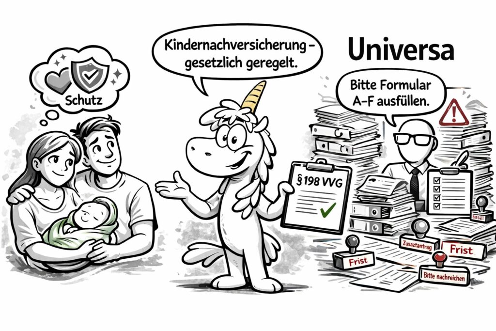 Universa Kindernachversicherung, Anmeldung nur mit Antrag, eigenwillige Regelungen der Universa