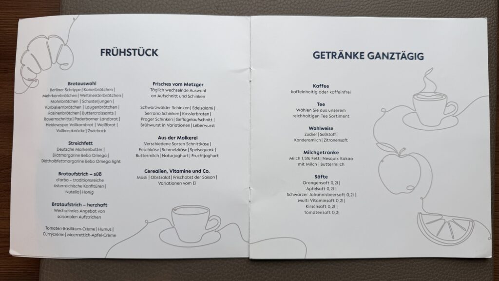 Charité Komfortstation Berlin Mitte, Menükarte Frühstück