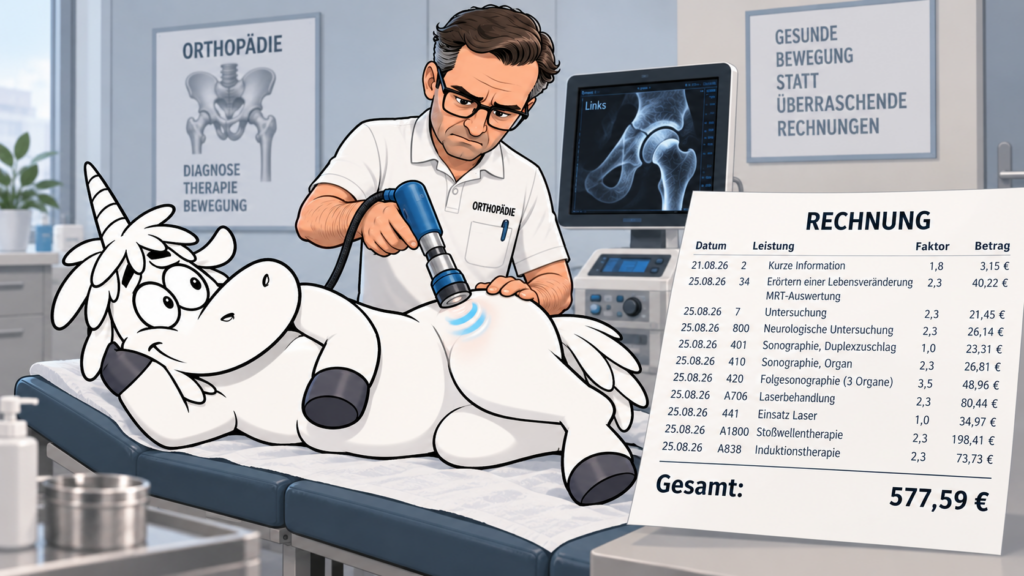 Orthopäde in einer Arztpraxis mit Stoßwellentherapie bei einem Einhorn