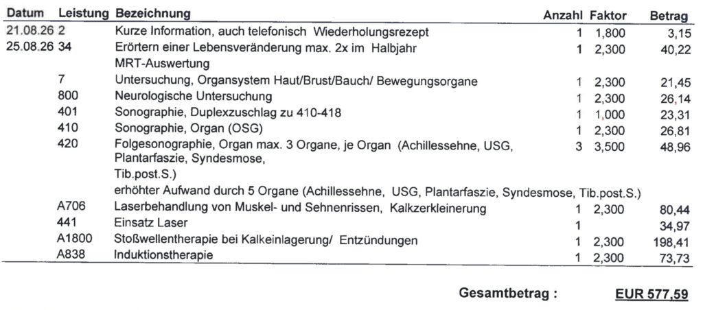 Rechnung des Orthopäden bei Hüftbeschwerden und Stoßwellentherapie
